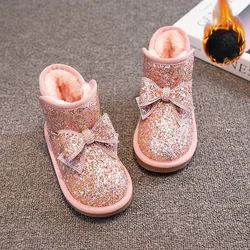 Children Princess Boots Girls Butterfly Knot Glitter Sequin Snow Warm Shoes Thickened Velvet Shoes Soft Bottom Non-slip Boots