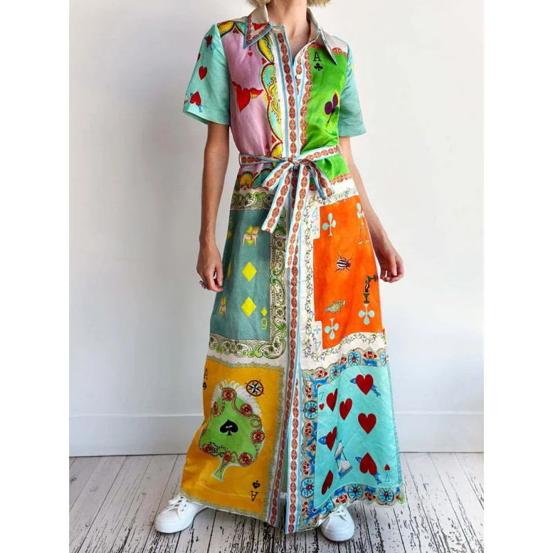 

2025 New Linen Short Sleeve Loose Casual Lace up Lapel Cardigan Women's Clothes Fashion Dress C001