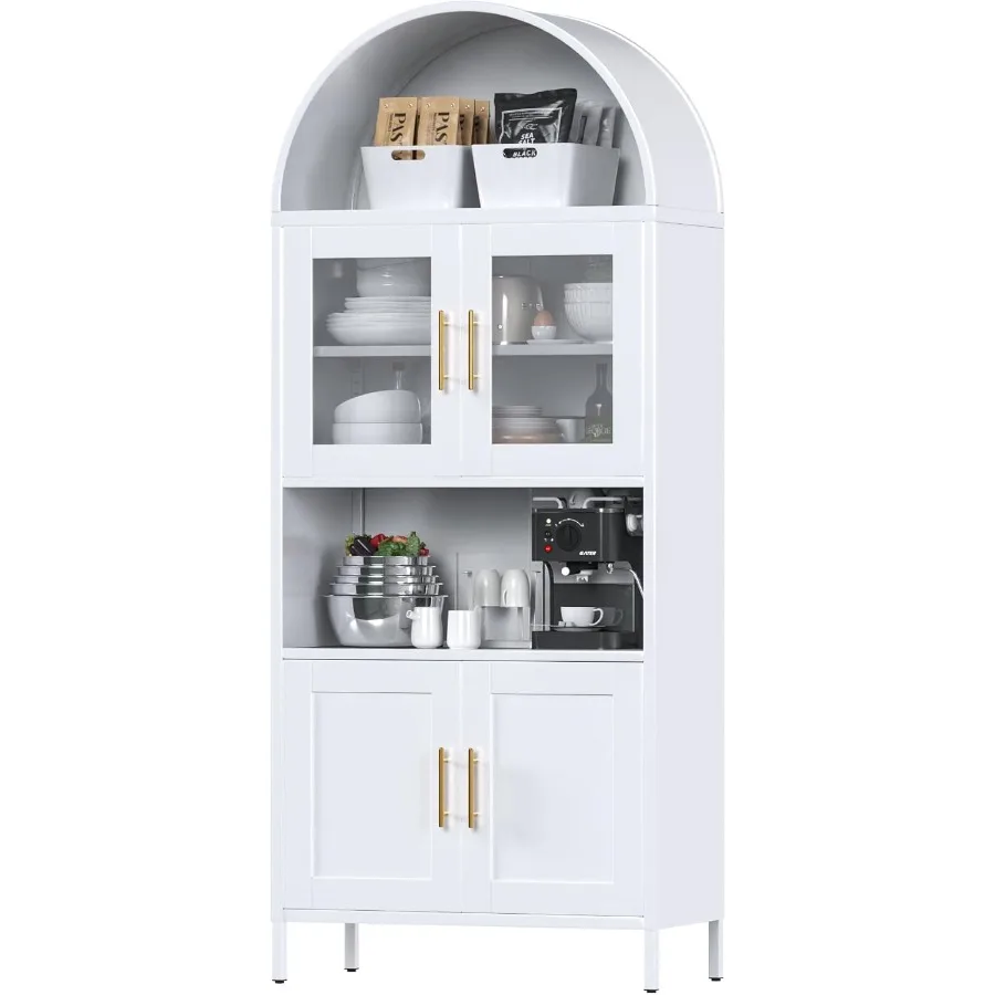 73 in Tall Metal Arched Cabinet Kitchen Pantry Cabinet with Glass Door Modern Farmhouse Arched Bookcase with 2 Adjustable Shelv