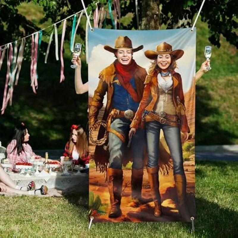 Fotohintergrund für Western-Cowboy-Partys mit Cowboy- und Cowgirl-Mustern, malerische Wüstenlandschaft, Dekoration zum Thema Cowboy