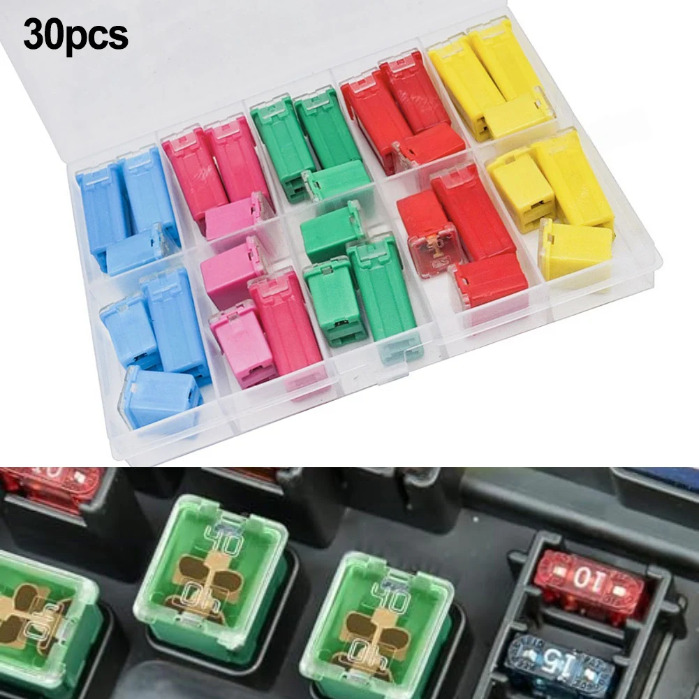 

30Pcs Car Square Box Fuse Box Assortment Kit High Low Shaped Cartridge Fuses 20A-60A For RVs Trucks Cars SUV Accessories