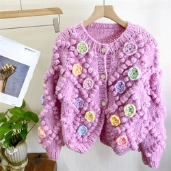 Women Hand-knit Bubble Floral Chunky Cardigan 2024 New In Sweet Knit Vintage Top