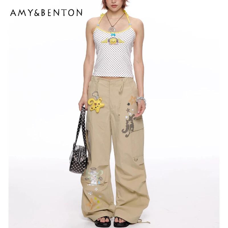 

American Retro White Star Print Two-tone Women's Cargo Pants 2025 Summer New Loose Slimming Sweet Cool Versatile Trousers Ladies