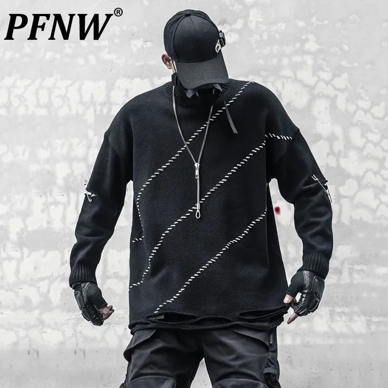 

PFNW New Ripped Sweater Men Hole Contrast Color Design Loose Long Sleeve Dark Style Male Round Collar Tops 2024 Summer 12C378