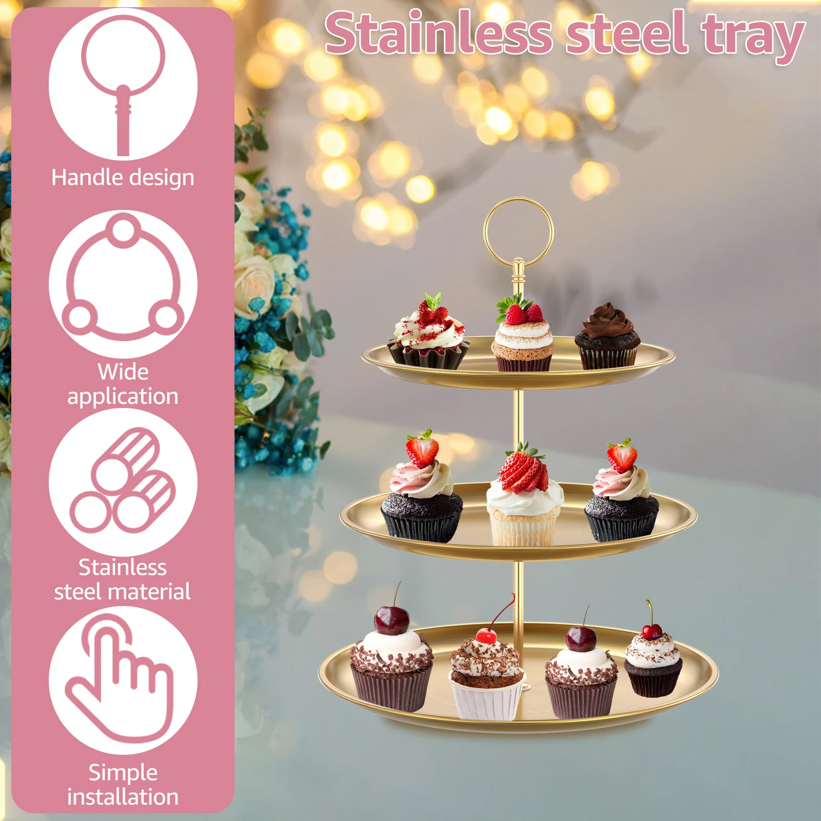 3 Tier Food Display Tray Stainless Steel Dessert Stand Tower Decorative Cupcake Tiered Serving Tray Display Stand for Dessert