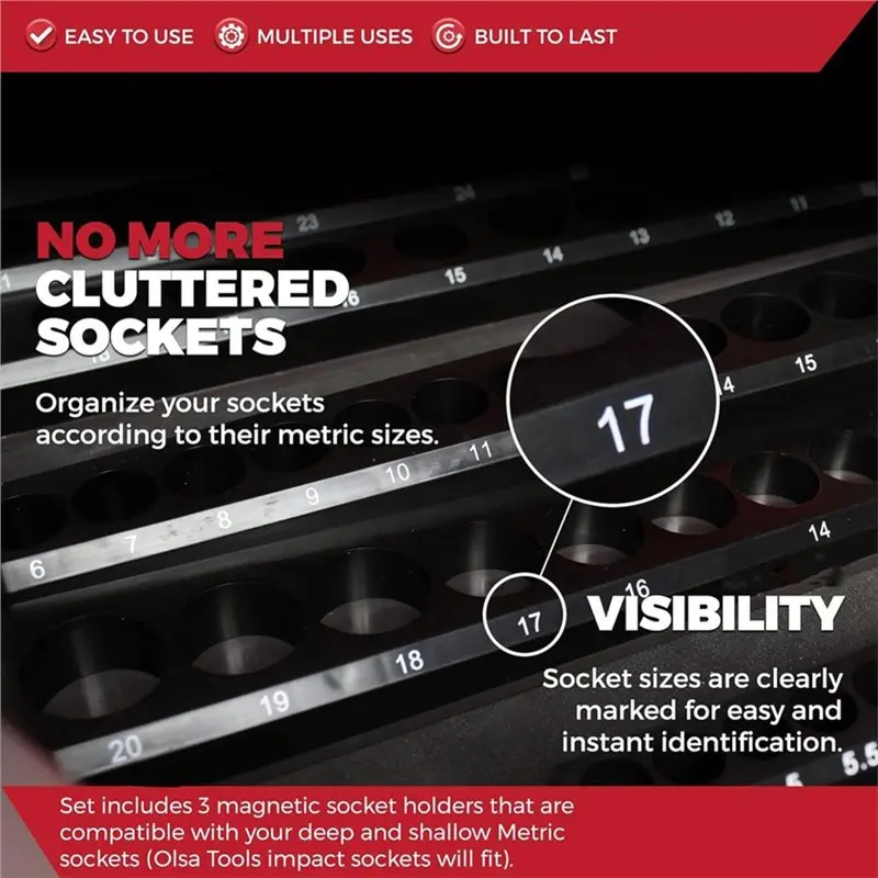 [NEWA08R】 Magnetic Socket Organizer 3-Piece Metric Drive Holders, Strong Magnetic Tool Tray Set