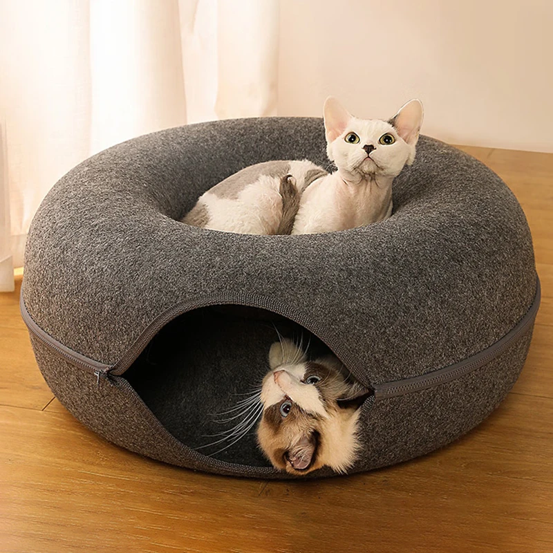 Donut Cat Bed for 2 Cats Pet Cat Tunnel Toys Kitten House Basket Interactive Play Toys for Cats Natural Felt Rabbit Cave Nest