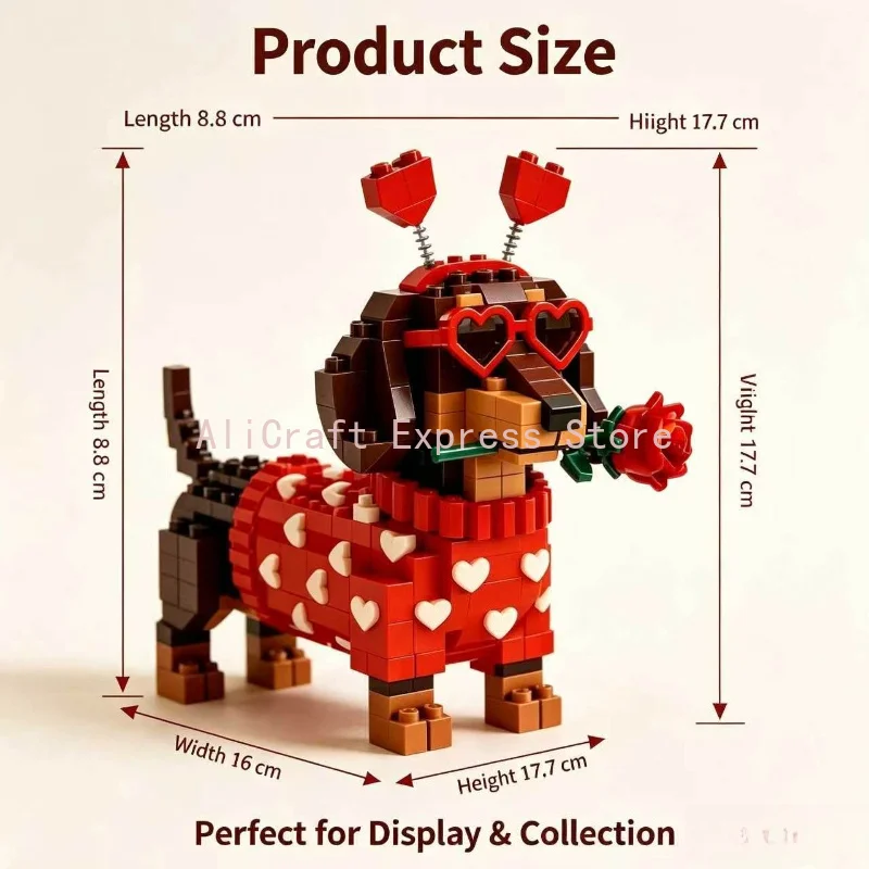 Valentine Dachshund Building Blocks 376Pcs Romantic Heart-Sweater Dog Bricks Set Cute DIY Assembly Toy Home Decor Gift