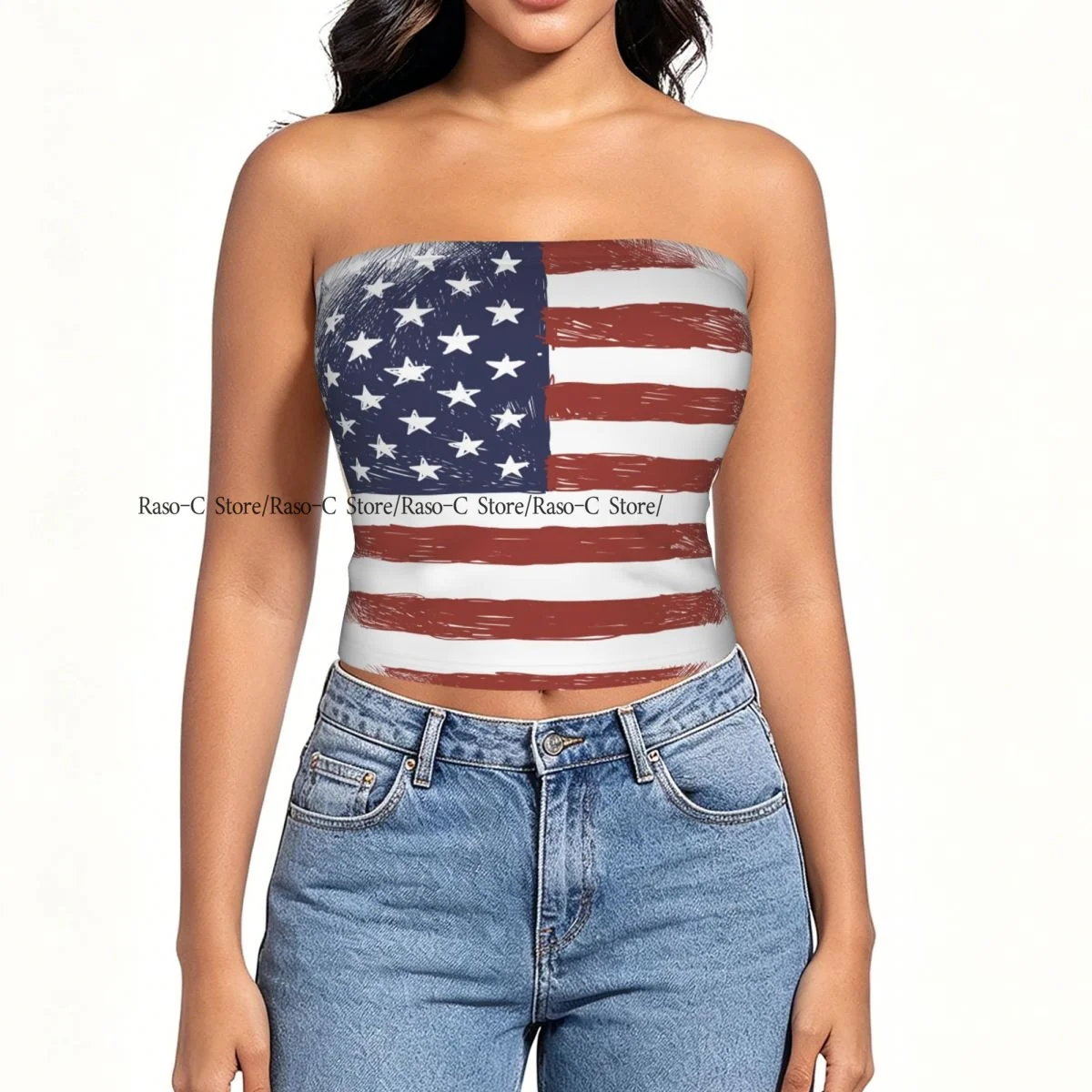 Women Block Crop Slim Tube Top Vintage Flag United States Strapless Top For Summer Female Clothing