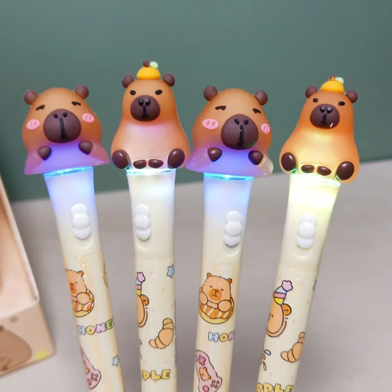 2Pc/Set Capybara Glowing Gel Pen Kawaii 0.5mm Black Gel Ink Pen School Stationery Office Supplies light Pen Kids Stationery Gift