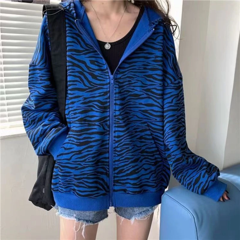 Zebra baskı ceket ile amerikan Retro tasarım kadın ilkbahar ve sonbahar ince tarzı niş mavi baskı zayıflama rahat Hoodie eğilim