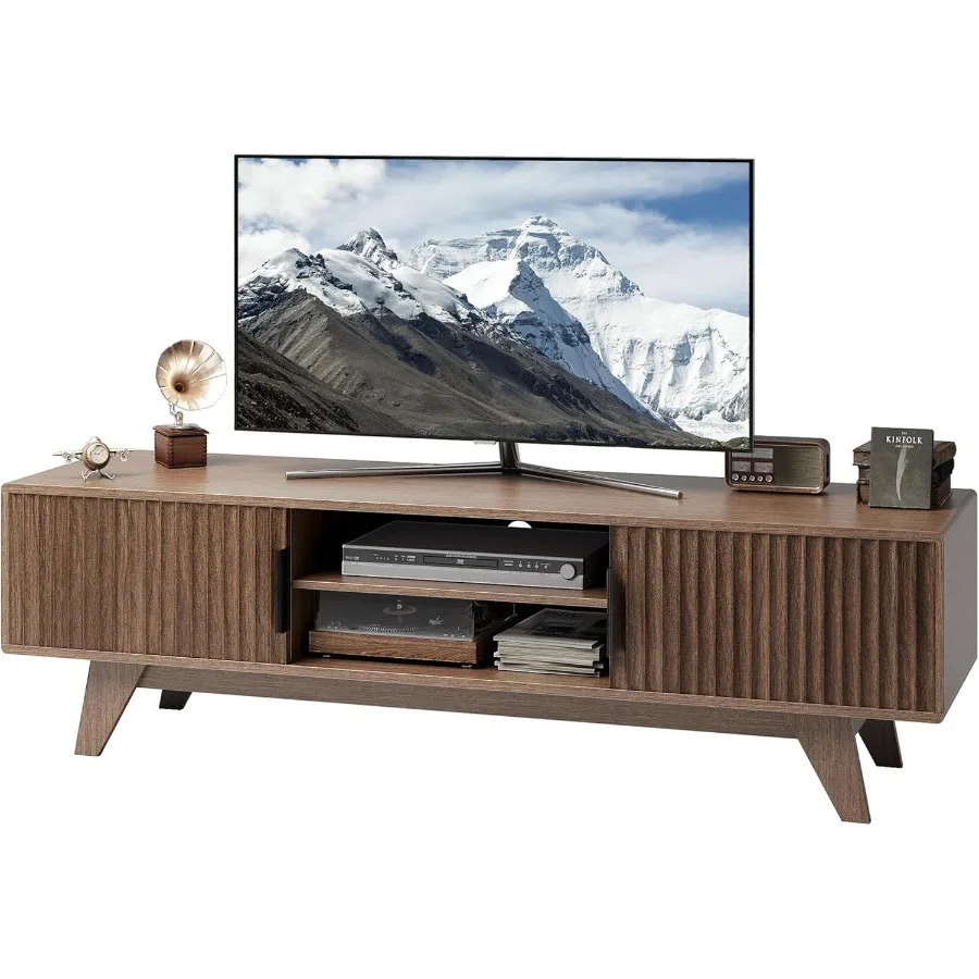 MidCentury Modern TV Stand for 65 inch TV Wood Fluted TV Stand with Storage and Adjustable Shelves Low Profile TV Console for
