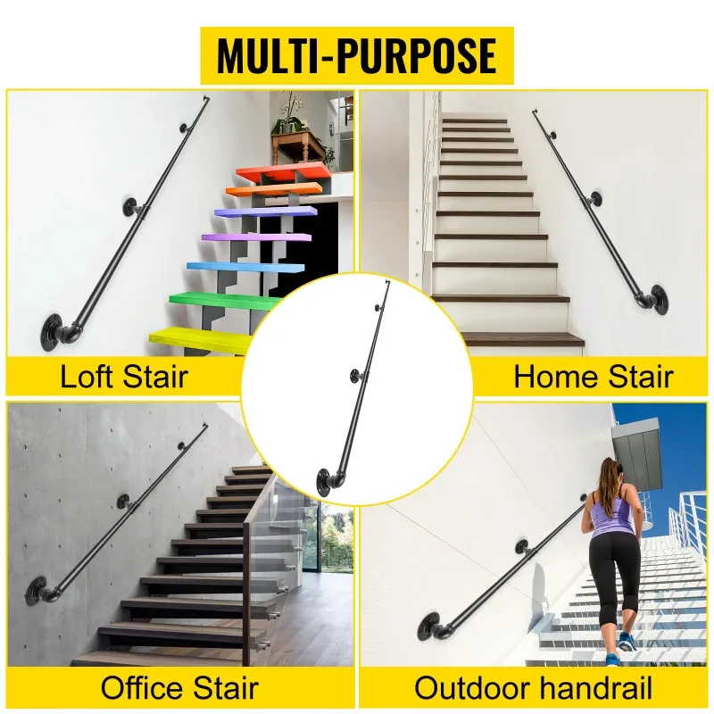 2-13ft Secure Pipe Stair Handrails Staircase 440lbs Handrails Carbon Steel For Wall Mount Stairs Indoors And Outdoor
