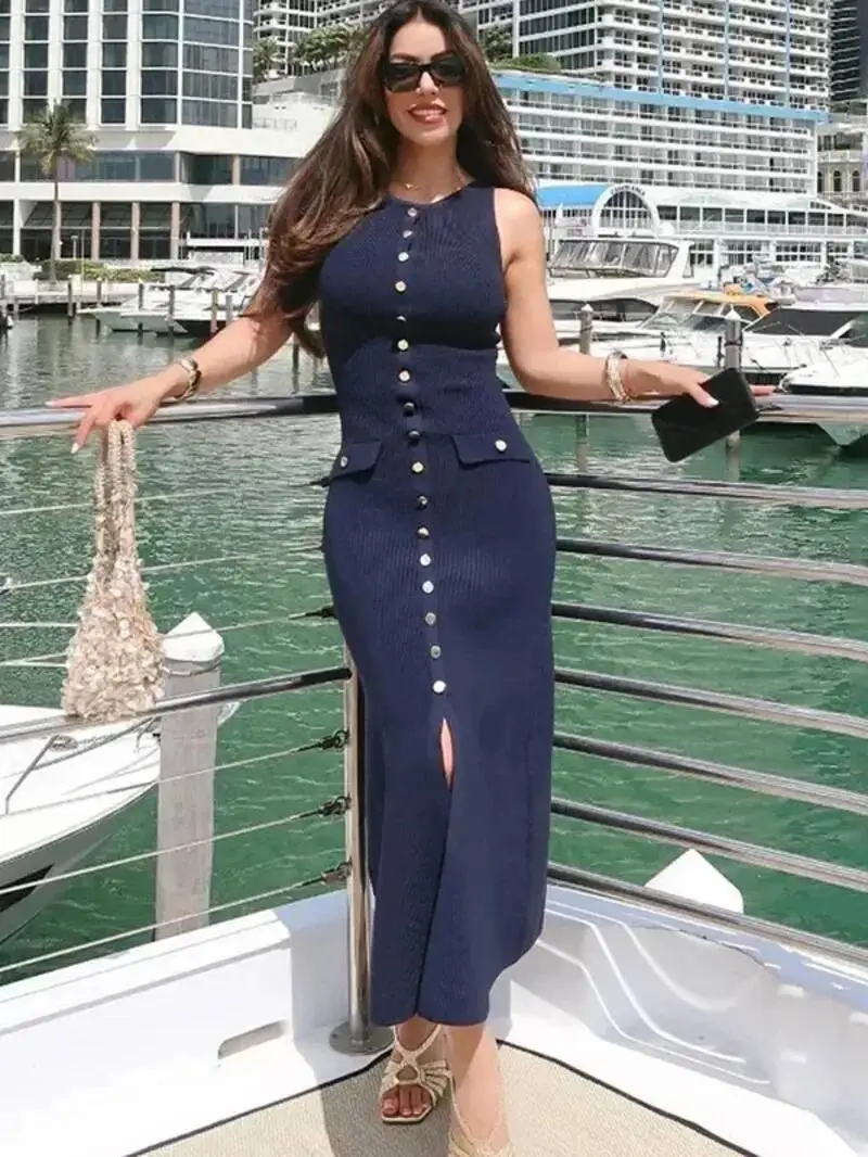 أنيقة بلا أكمام واحدة الصدر مضلع تريكو فستان طويل للنساء عالية الخصر Bodycon محبوك وهمية جيب فستان جديد