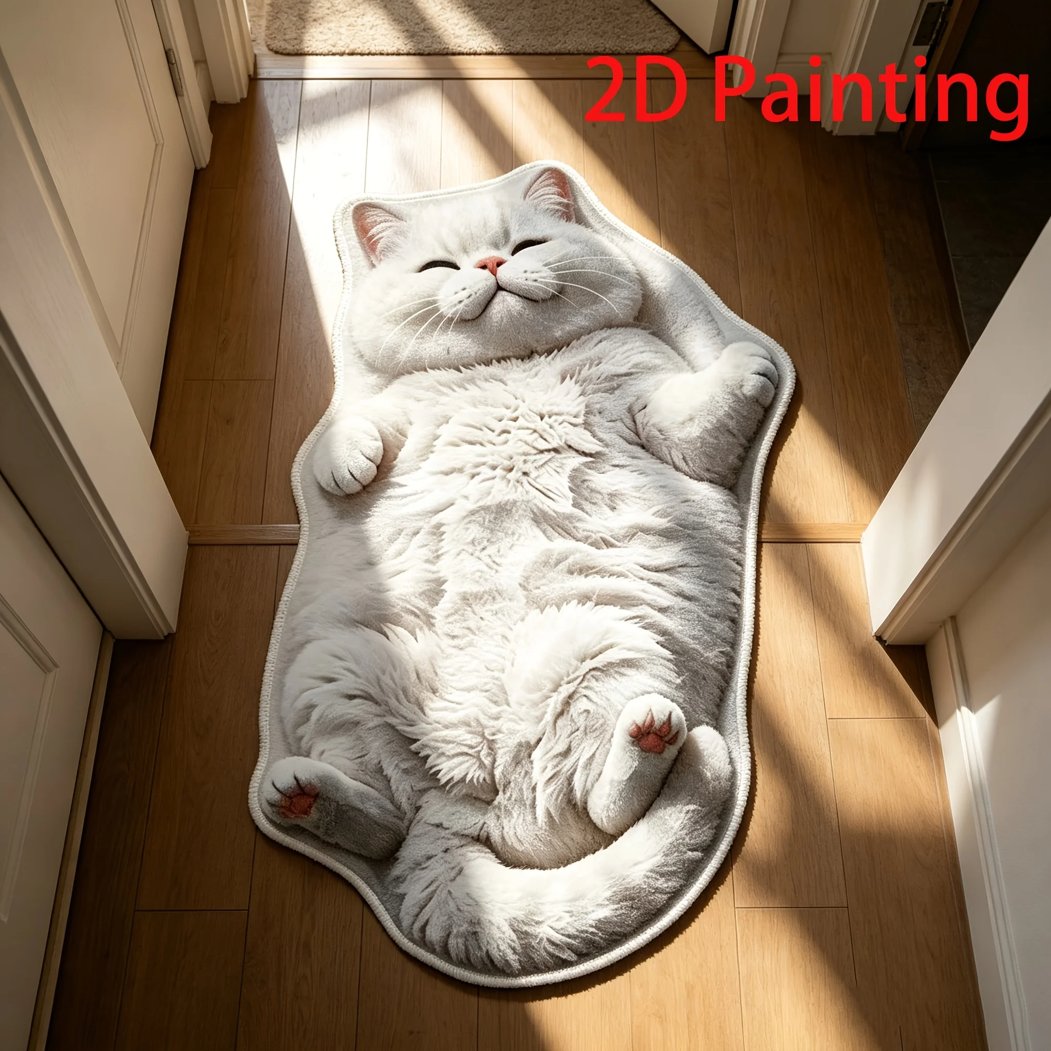 VIKAMA 2D Painted White Cat Rug Fluffy Lying Shape Non Slip Oilproof Doormat For Bedroom Animal Home Floor Decor