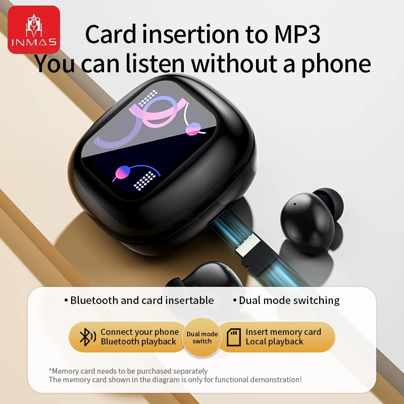 INMAS S09 ANC Earphone Bluetooth nirkabel, Headphone nirkabel pembatal kebisingan aktif layar sentuh mendukung kartu TF untuk Android iOS