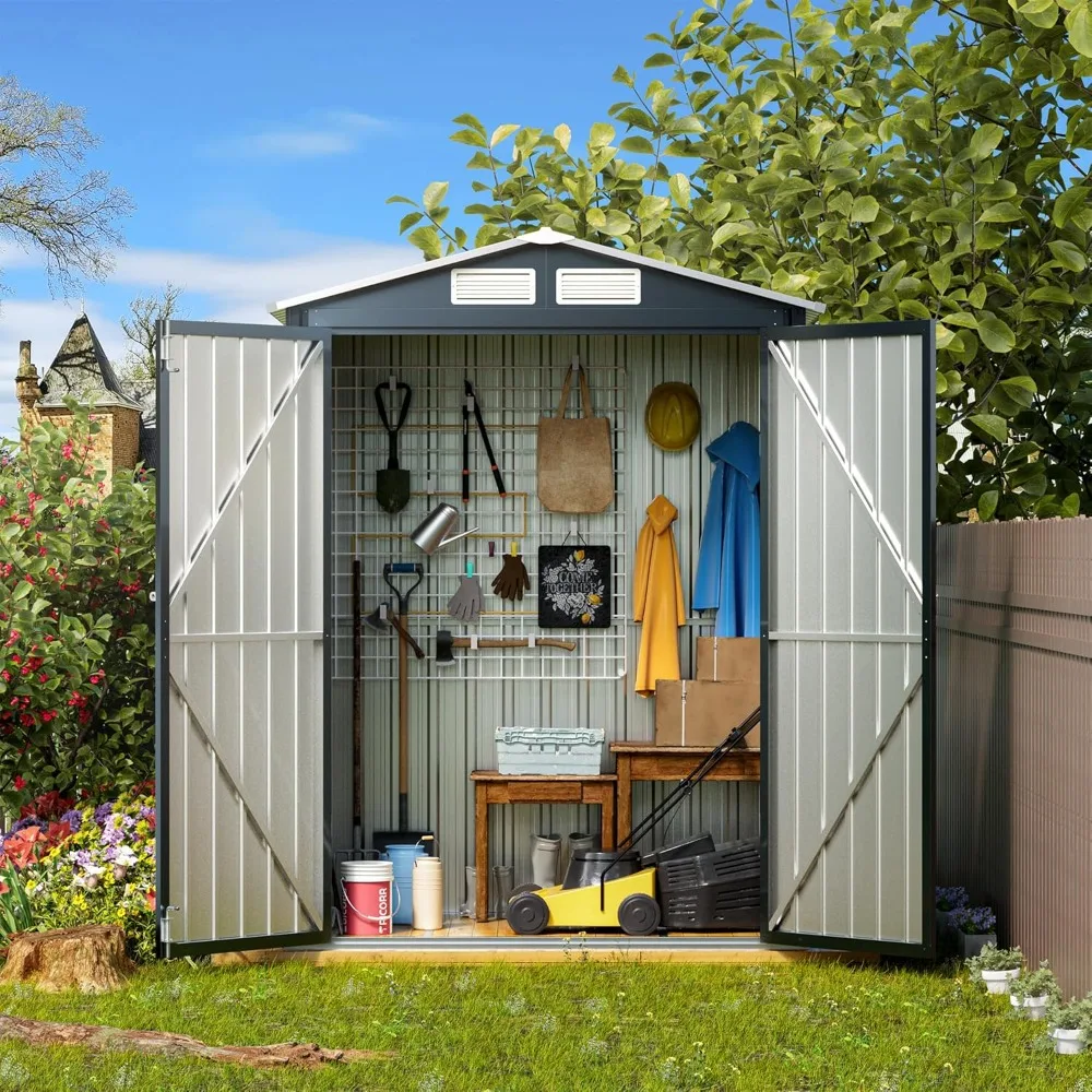 Vertical Outdoor Steel Storage Shed with Double Lock Doors and Frame, Deep Blue Storage Room, 5x3x 6.3ft