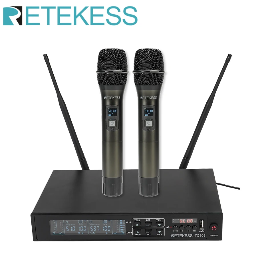 Retekess TC103 Professional Dual Wireless Microphone System Stage Performance Karaoke Microphone 2Channel Dynamic Metal Handheld