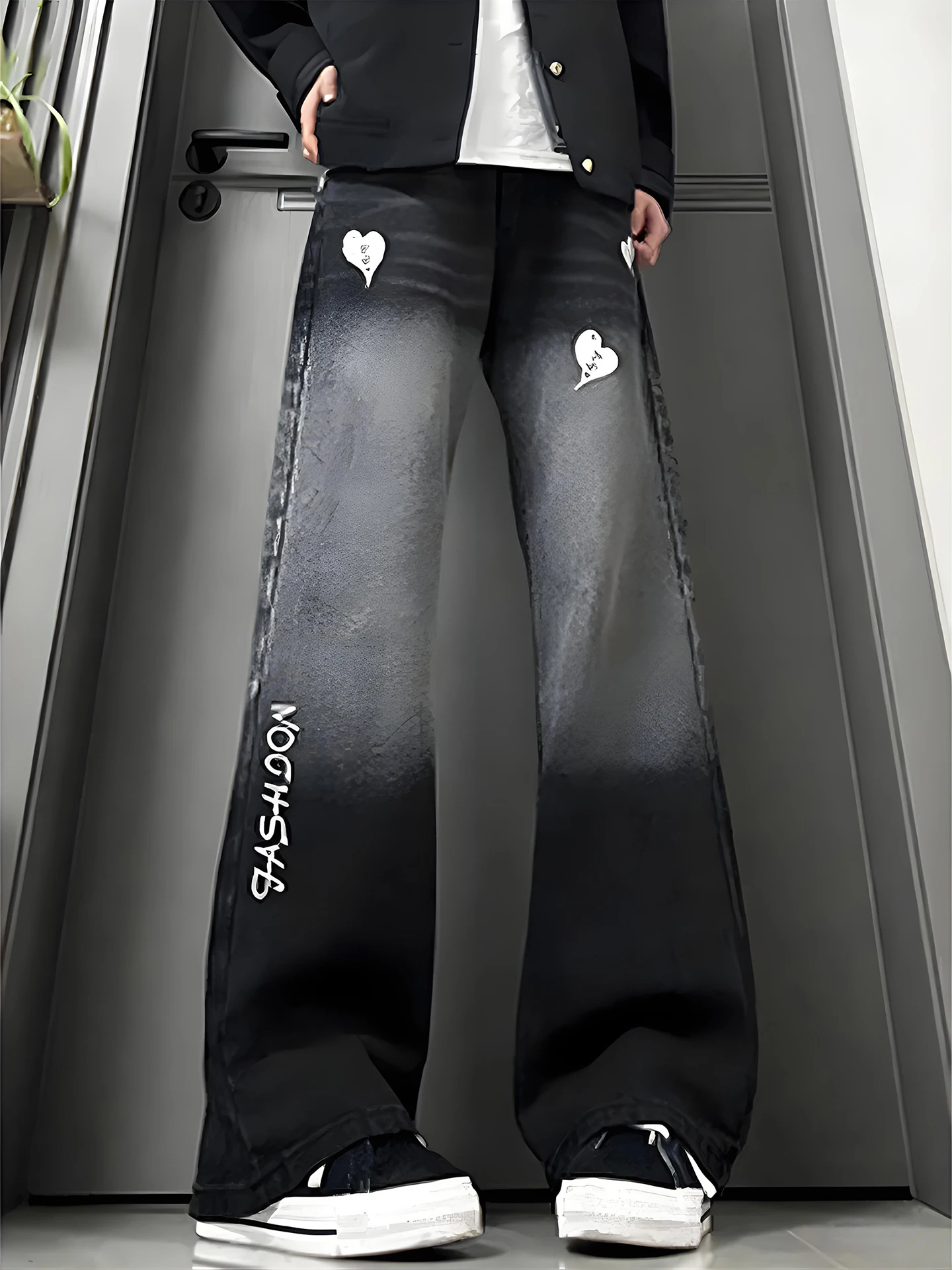 

Мужские джинсы с вышивкой в виде сердца, осенне-зимние, прямого кроя, в американском уличном стиле, крутые, с расклешенными штанинами