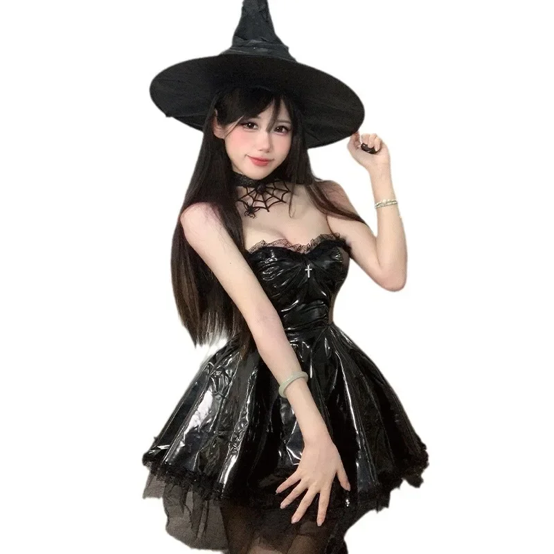 Halloween Party Carnival Night Patent Leather Cosplay Evil Witch Suit Up Leather Unifrom Lolita Sexy Lingerie Gothic Enchantress