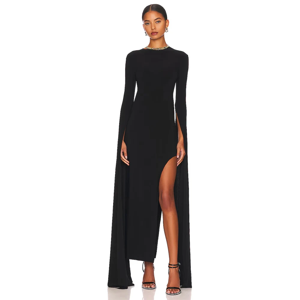 

Saudi Dresses for Special Occasions Sheath Jersey Evening Gown Black O-Neck Side Split Cloak Sleeves Backless Prom Dress Midi