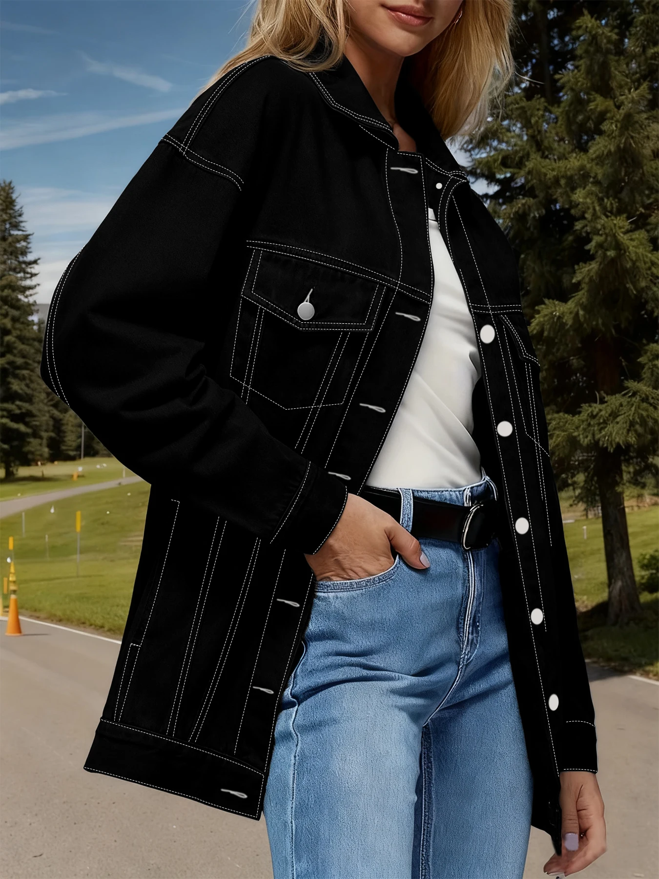 

Plus Size Black Contrast Stitching Oversized Denim Jacket, Lapel Long Sleeve Mid-Length Jacket, Casual Versatile Commuter Top