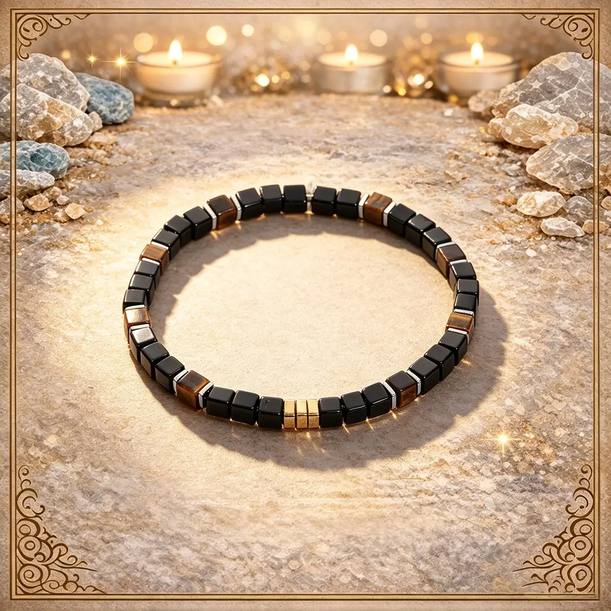 1pc Vintage Style Tiger Eye Black Agate 5mm Square Bead Bracelet, Symbolizing Wealth and Courage Jewelry, Unisex Jewelry
