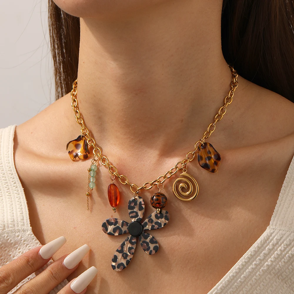 LAMENGLY 316L Stainless Steel Leopard Print Acrylic Big Flower Beads Spiral Line Pendant Necklace Lady Geometric Design Jewelry