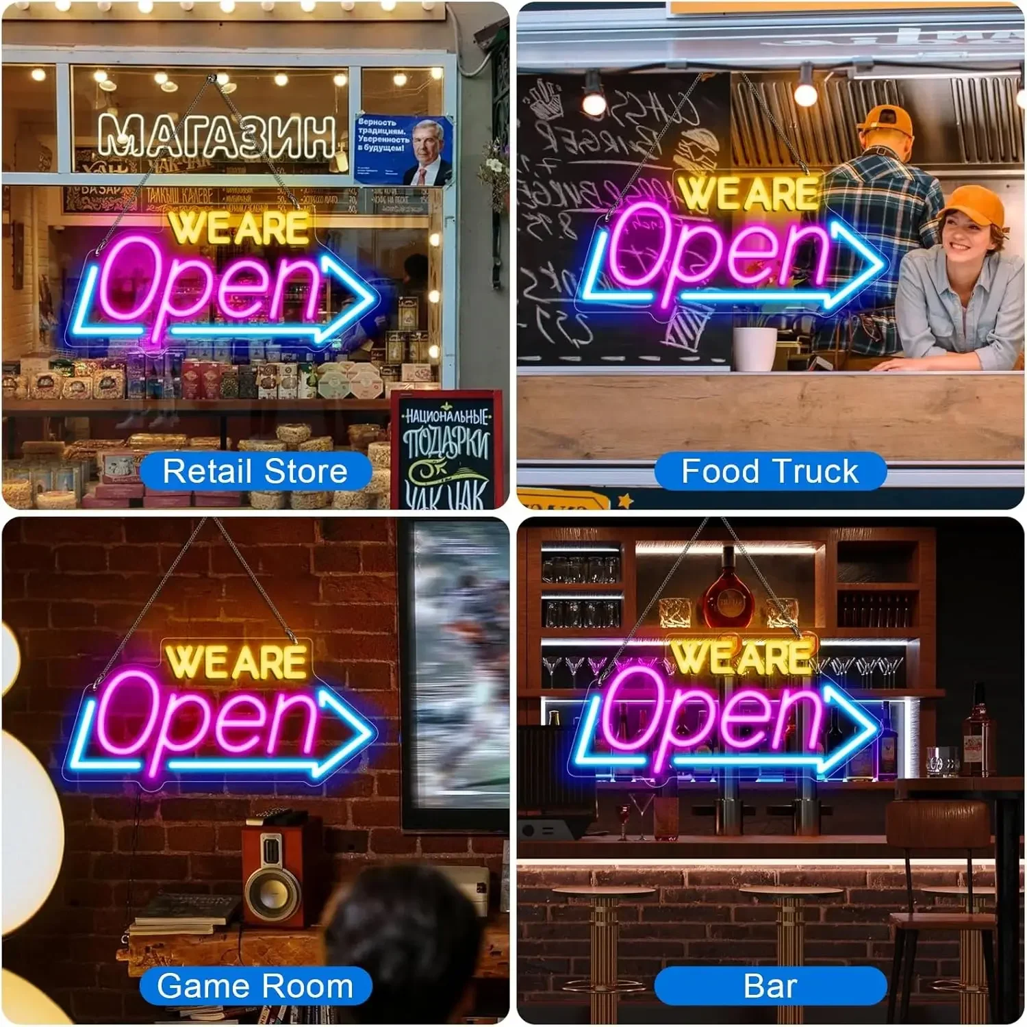 We Are Open Arrow Neon Sign LED Neon Light Dimmable USB for Bar Diner Grocery Store Bistro Food Stall Cafe Window Wall Light