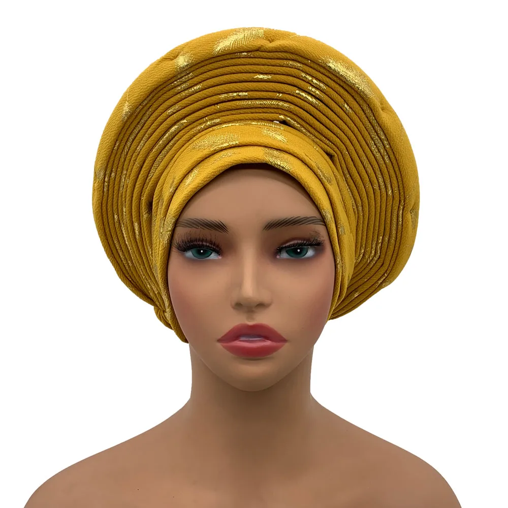 סגנון רב שכבתי אפריקאי אוטומטי gele badie לגברת זהב חותמת ראש בד עוטפת ניגריה חתונה