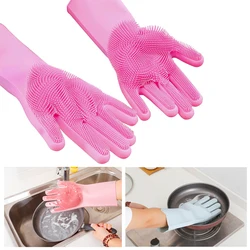 1 Pair Silicone Dishwashing Gloves Rubber Scrubbing Gloves Sponge Cleaning Brush for Dishes Housework Kitchen Cars