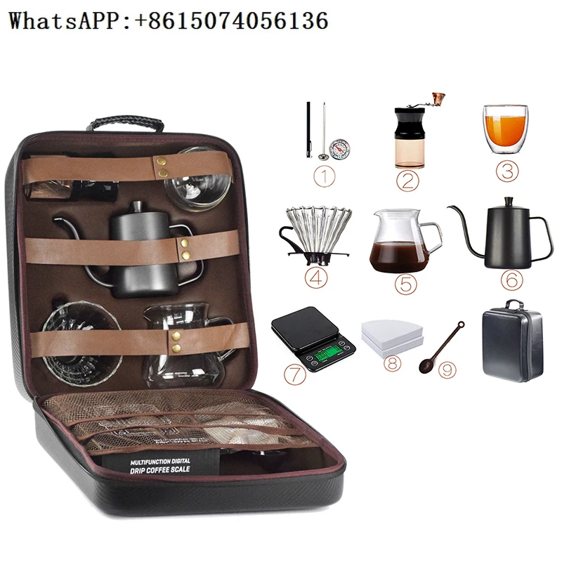 10 Pieces/Set of Travel Coffee Accessories Set Including PU Bags Manual Grinding Cups Filter Cups and Other Outdoor Coffeeware