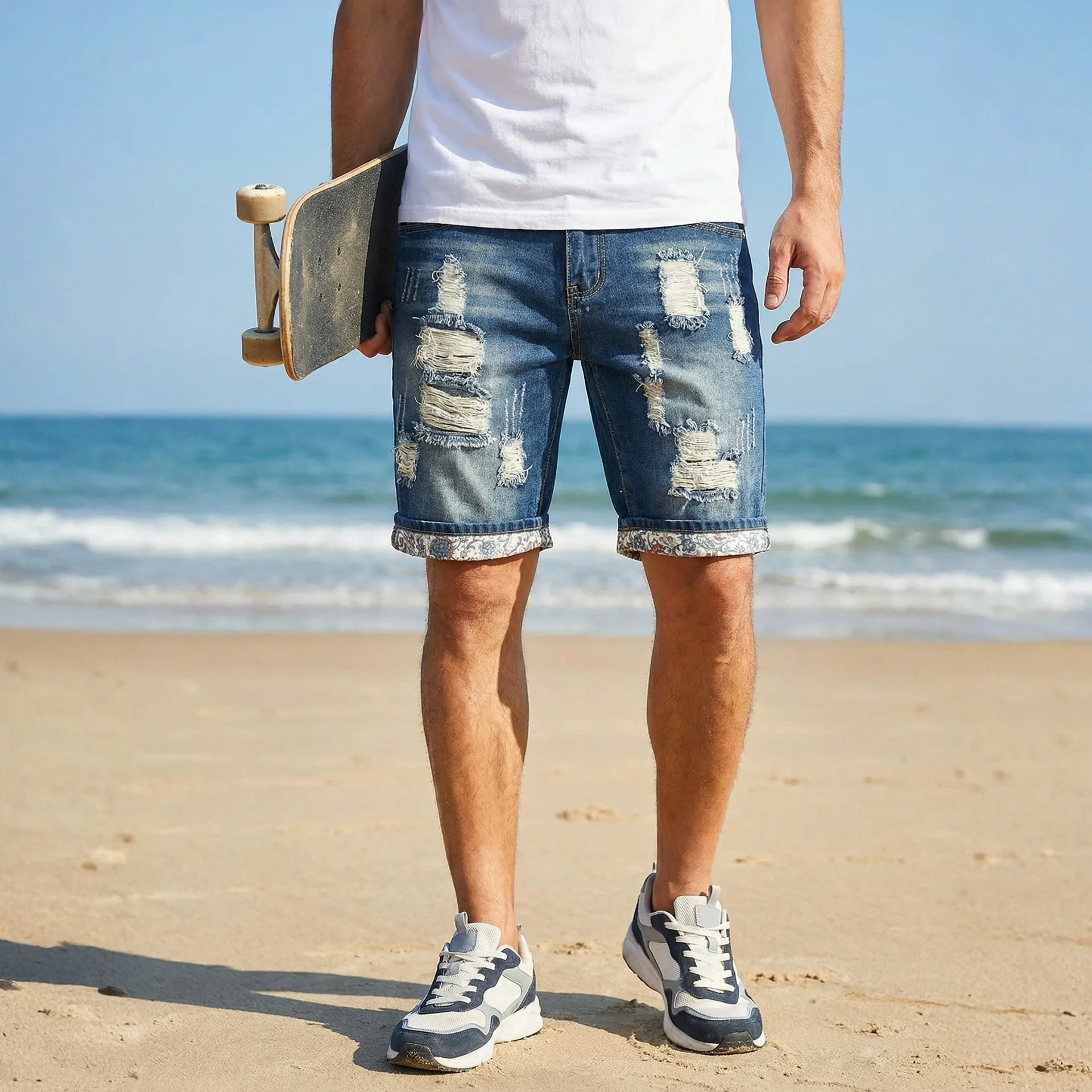Summer Distressed Patchwork 5-Pocket Denim Shorts Men's Streetwear Casual Trousers