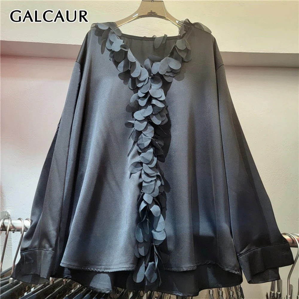 

GALCAUR Solid Spliced Flowers French Shirt Female V Neck Long Sleeve Loose Casual Design Women's Shirts Autumn Fashion New Style