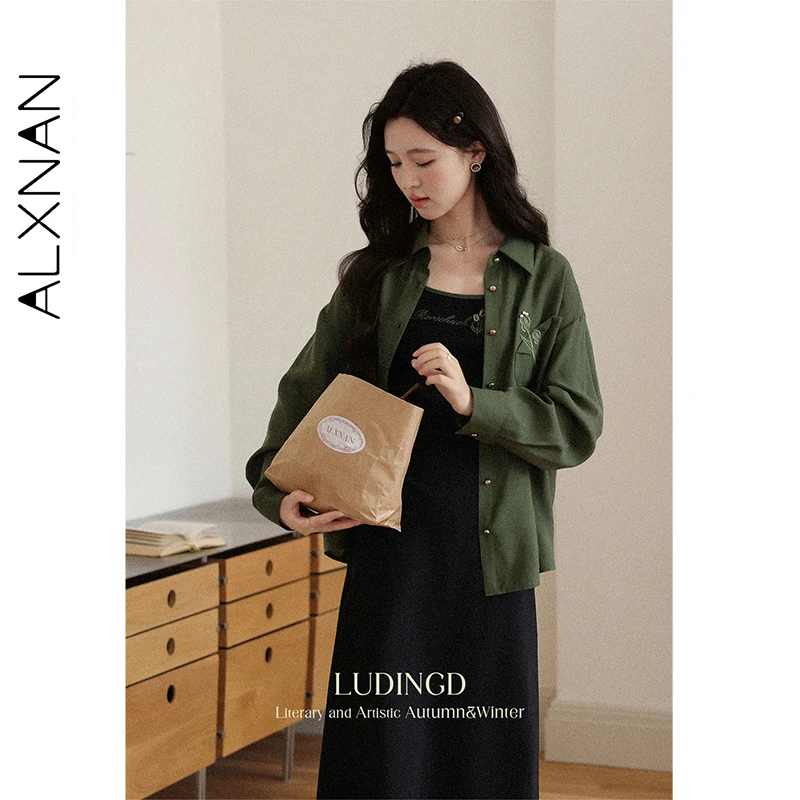 ALXNAN 빈티지 그린 셔츠 여성 가을 ​​새로운 자수 루즈핏 캐주얼 셔츠 금속 단추 오피스 레이디 긴 소매 탑 L56812