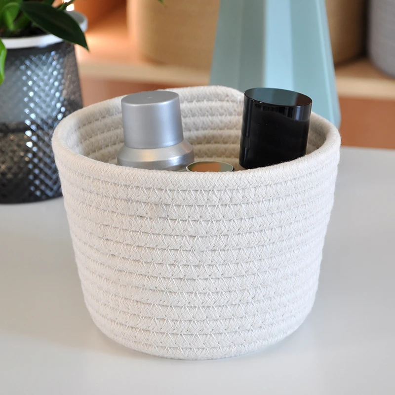 سلة تخزين سطح المكتب سلة تخزين حبل القطن المنسوج يدويًا أشتات مستحضرات التجميل والمجوهرات سلة تخزين ألعاب الأطفال