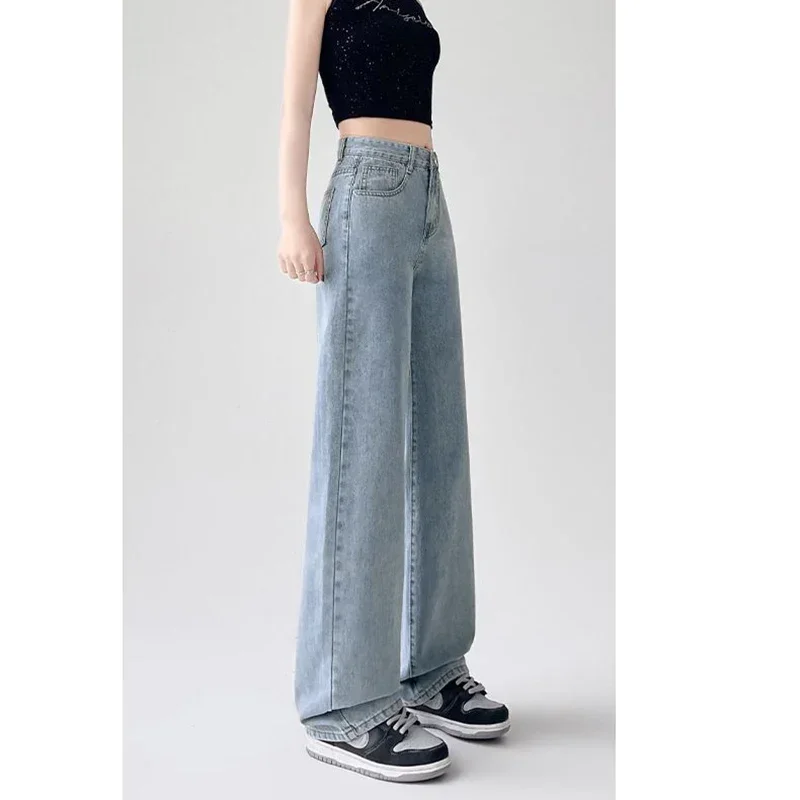 Wyprzedaż Klasyczne Damskie Jeansy z Wysokim Stanem Koreańskie Proste Nogawki Wąskie Rozszerzane Spodnie Damskie Dopasowane Spodnie Denimowe