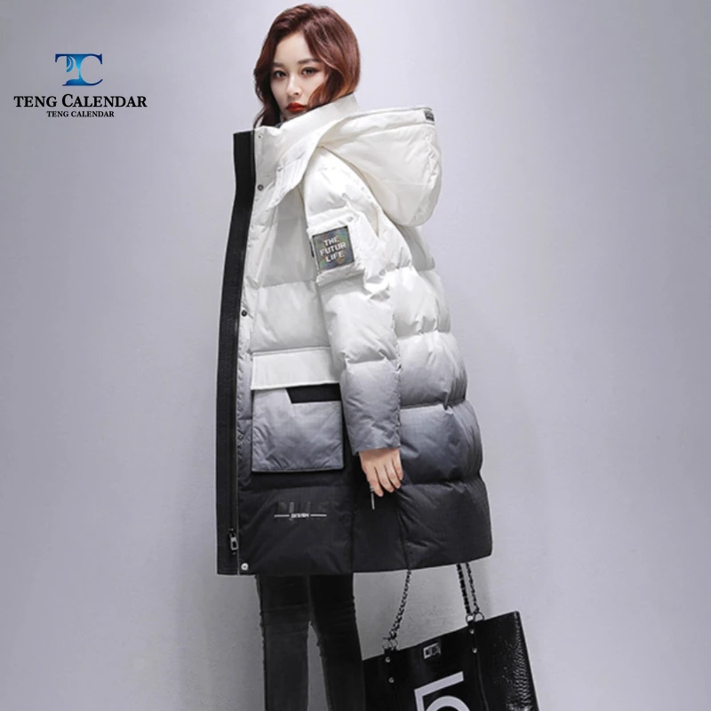 Winter Down Jacket, Medium To Long Korean Gradient Thickened Fashionable Hooded Jacket, Women's 2024 Winter New Style