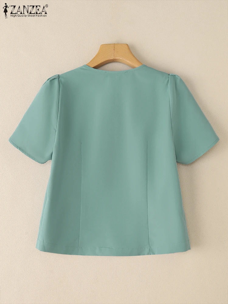 ZANZEA Elegante Frau Gewickelt Shirts Koreanische Mode V-ausschnitt Blütenblatt Hülse Kurze Chemise Femme Frauen Pendeln Büro Einfarbig Tops