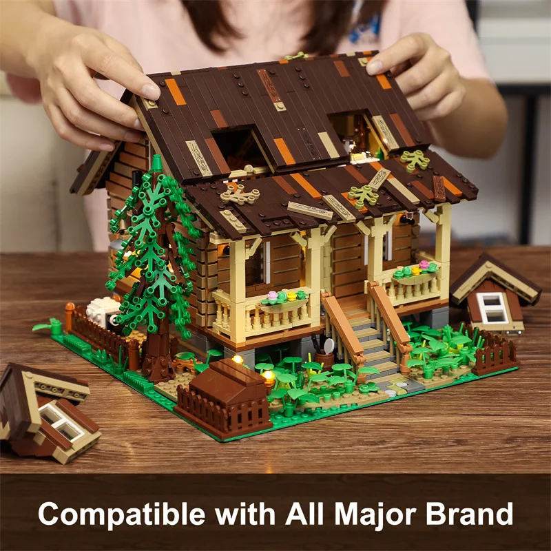 Wood Cabin Lighting House Buildings Sets,Wooden Hut Street View City Model Modular Buildings Blocks Gift for Adults 2097PCS