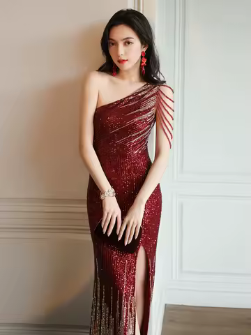 Elegant Evening Gown 2026 New Women's High-End Single-Shoulder Fish-Tail Dress Luxury Sequins Summer Korean Style Long Dress