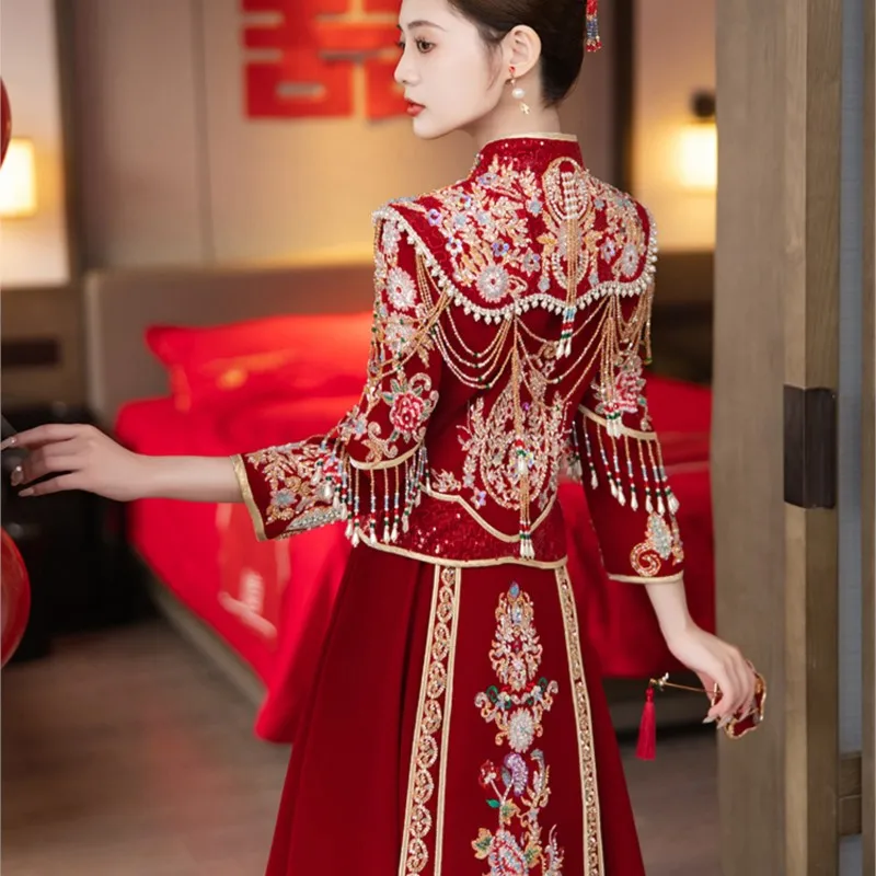 New style wedding dress for brides Chinese-style attire heavy velvet figure-hugging