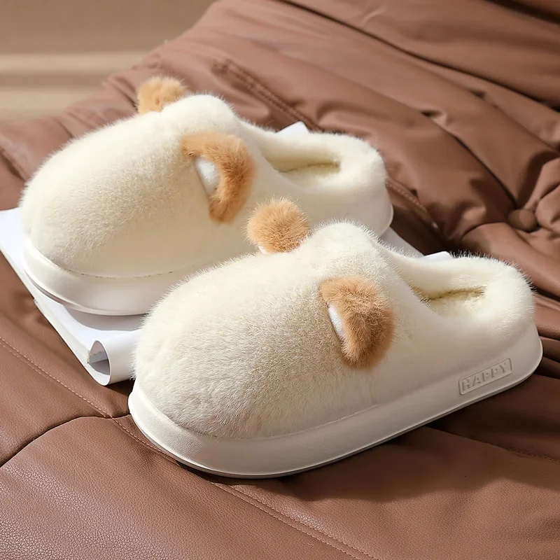 New Cotton Slippers Cute Furry Slides Indoor Anti-slip Flats Women Soft Winter Home Couples Men Platform Warm Plush Shoes