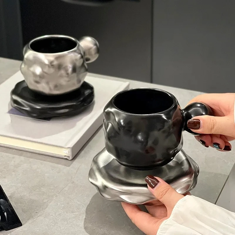 

300ML Ceramic Silvery Mug Saucer Afternoon Tea Coffee Cup Saucer Sets Couple Cup Set Home Creative Drinkware Mugs New Home Gift