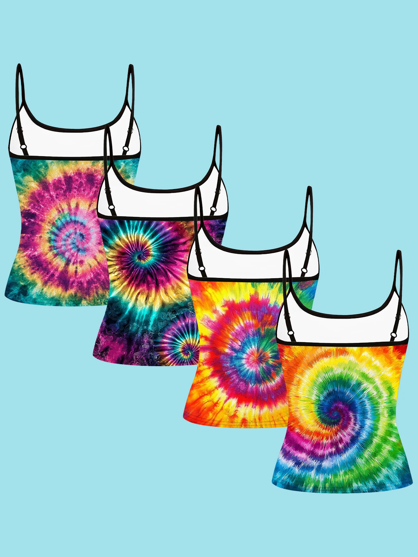 4-Piece Set of Women's Vintage Rainbow Swirl Tie-Dye Printed Spaghetti Strap Camisole Slim-Fit Base Layer Tops