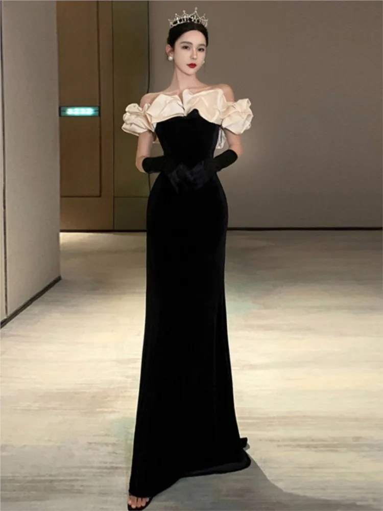 

Black dress Temperament one-shoulder banquet velvet slim-fit fishtail