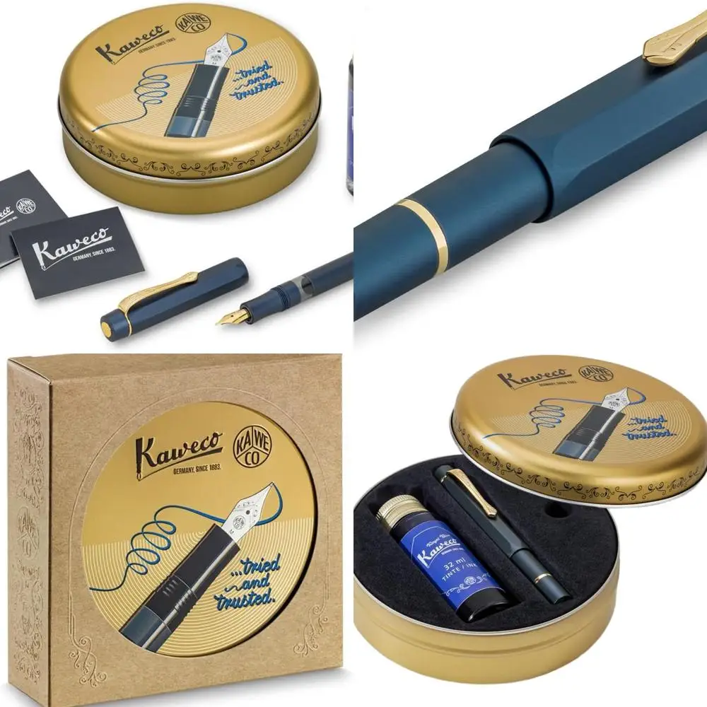 

Classic 13cm Aluminum Fountain Pen with Steel EF Nib, 32ml Royal Blue Ink, Navy/Gold Starter Set
