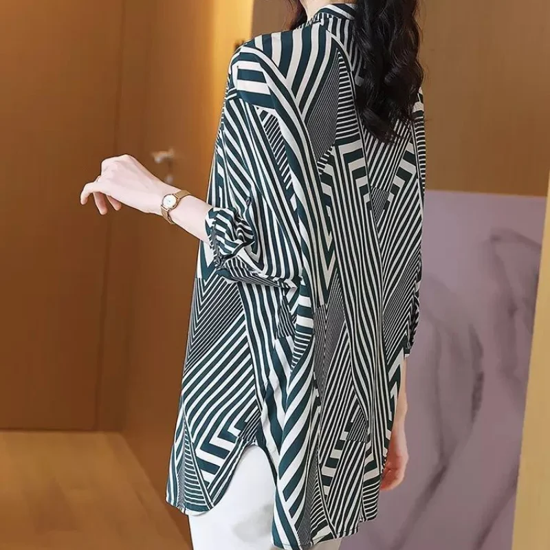 Summer Women 3/4 Sleeve Stripe Chiffon Shirts Button Fashion Simple Versatile Commuter Elegant Casual Mid Length Loose Blouses