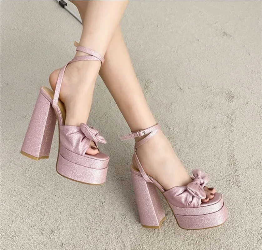 Quality Women Sandals Platform Pumps PU 15CM Square Heel Summer Buckle Strap One Character Strip Butterfly-knot Women Shoes