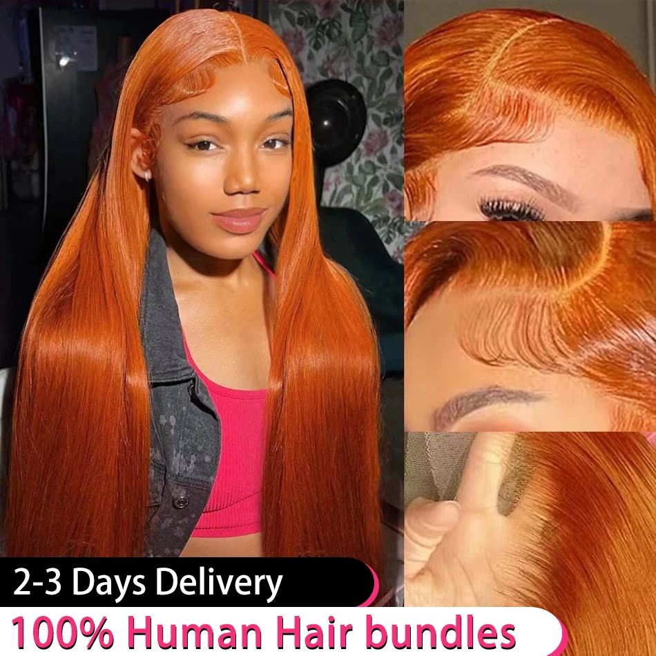 

13x6 Ginger Orange Straight Bone 38 40 Inch HD Lace Frontal Wig Human Hair 13x4 250 Density Transparent Lace Frontal Color Wigs